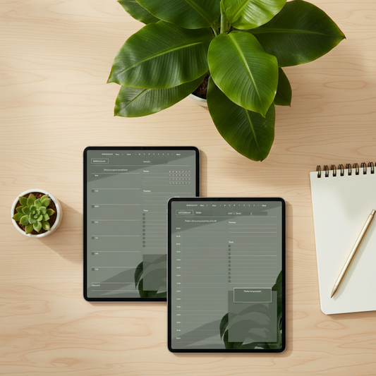 BananaPlant planner flat lay on wood surface